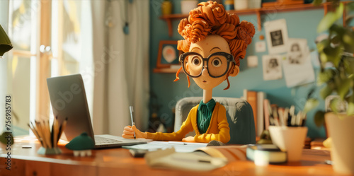 An animated character resembling a young professional works attentively at a cluttered home office desk with a laptop.