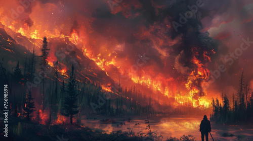 An onlooker stands before a massive forest fire, with towering flames and smoky skies reflecting in a calm lake, evoking a mix of awe and horror.