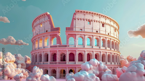 A fantastical rendition of the Colosseum floating amidst fluffy clouds under a pastel sunset sky.