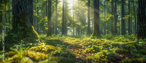 A peaceful forest scene with sunbeams filtering through the tall trees onto a vibrant green undergrowth. © Paphawin