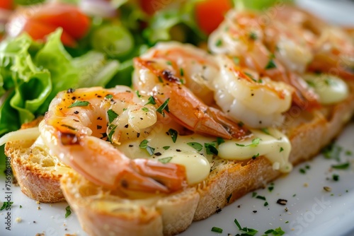 A detailed image of shrimp toast with salad and garlic cheese shallow depth of field