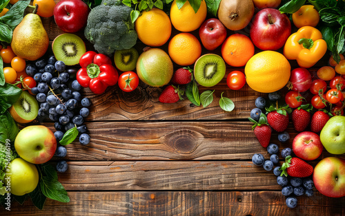 Colorful variety of fresh fruits and berries, including apples, oranges, grapes, and blueberries, neatly arranged on a rustic wooden background.