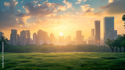 Business District Cityscape from a Park with Sunrise, Urban Skyline View in Morning Light, Metropolitan Landscape for Corporate Concepts, Generative AI