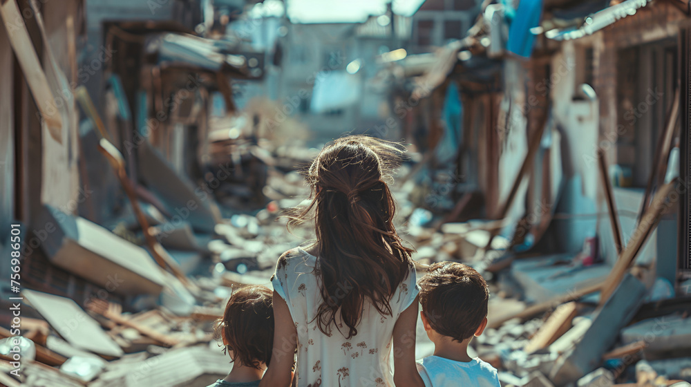Obraz premium Мother with two children stands on the street among destroyed houses. They are homeless