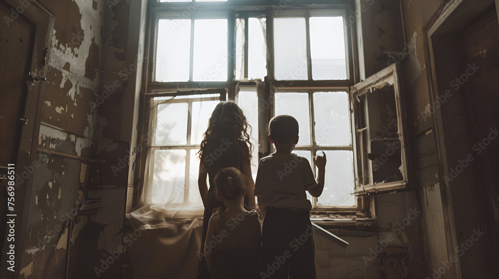 Mother with two children. They are standing together by the window in a large room. The mood of the photo expresses a tragic emotion