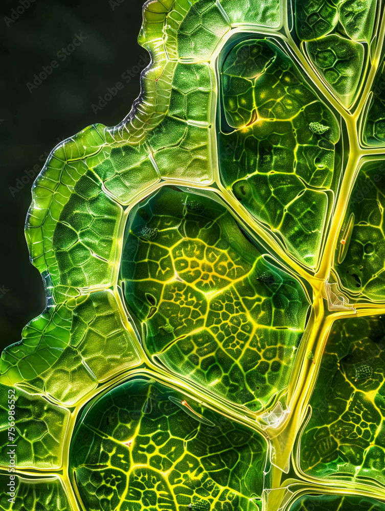 Showcase a cross section of a leaf at the cellular level focusing on