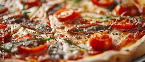 Anchovy and tomato pizza close up