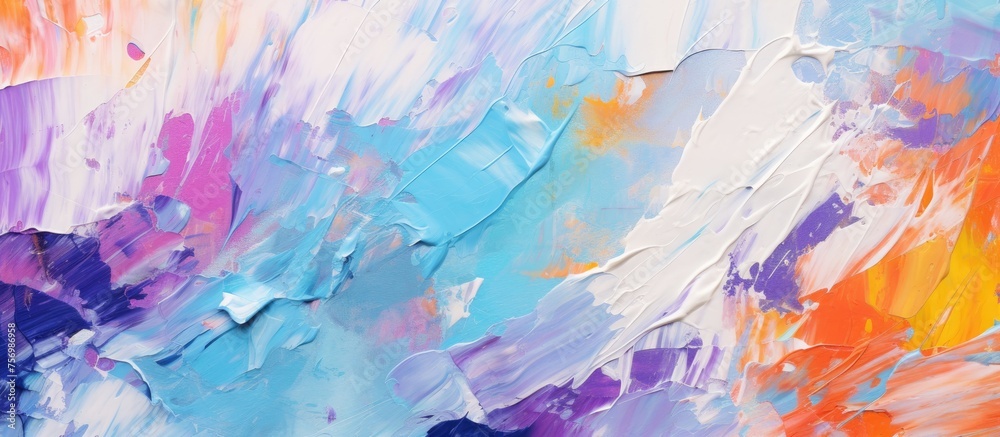 A close up of a vibrant painting on canvas featuring a mix of violet, electric blue, and magenta colors in a liquid water pattern with circles, showcasing the beauty of visual arts