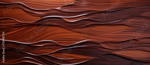 A closeup shot of a brown hardwood surface showcasing waves and patterns resembling a rocky landscape, featuring shades of orange, peach, and wood art