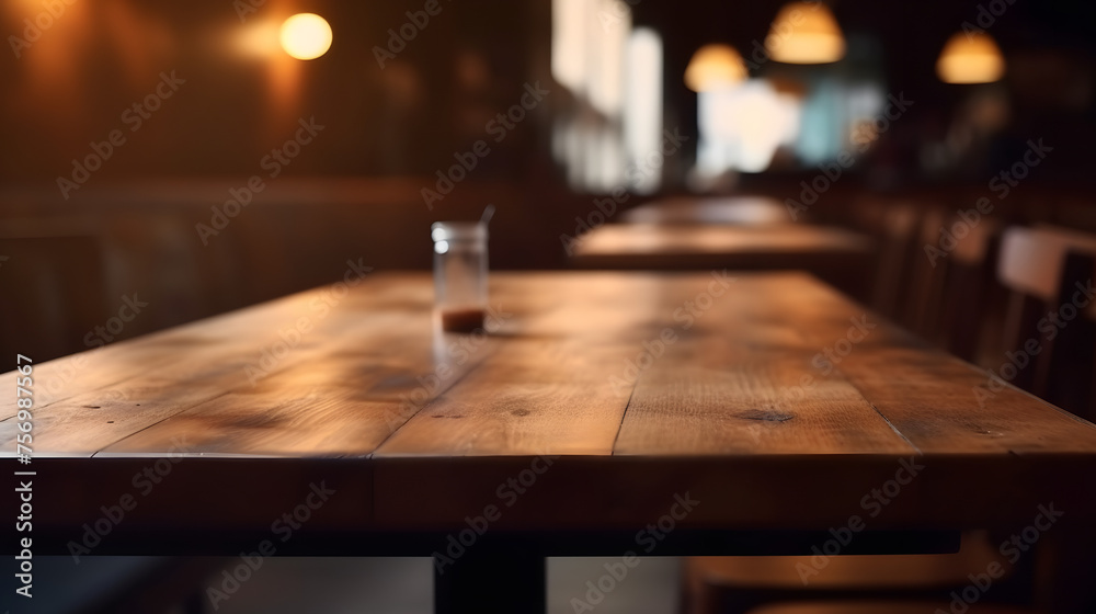 Background of a cafe interior with a blurred wooden table top. Background of a cafe interior with a blurred wooden table top.