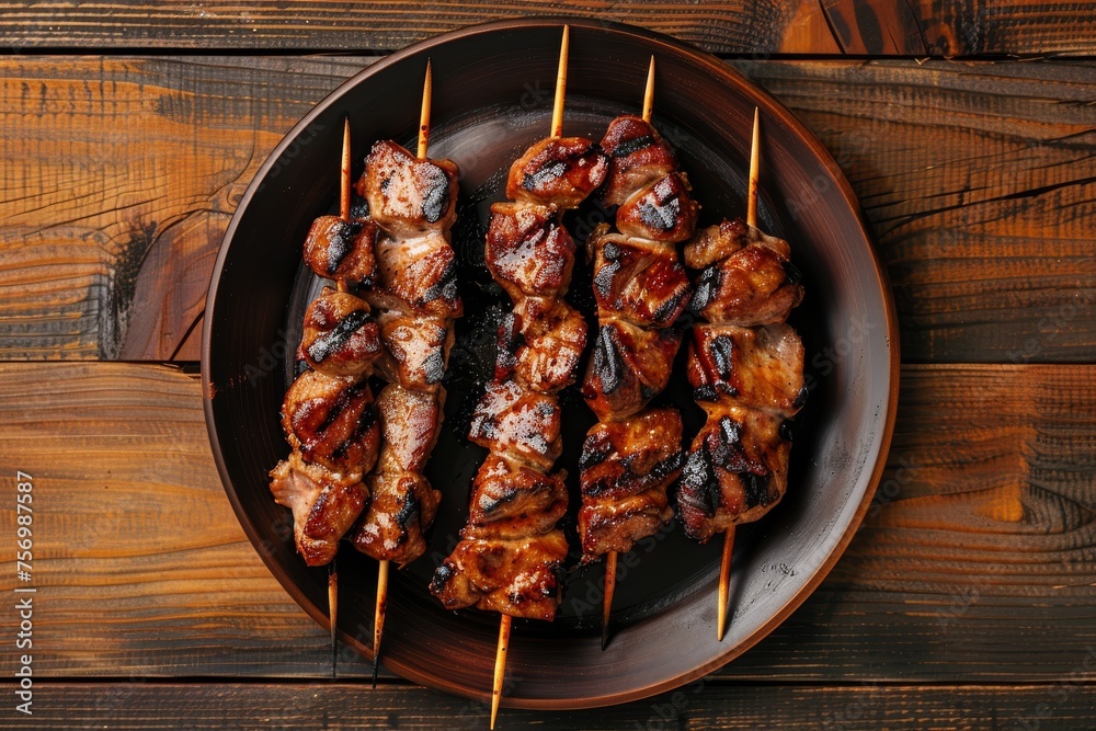 BBQ skewers on plate top view