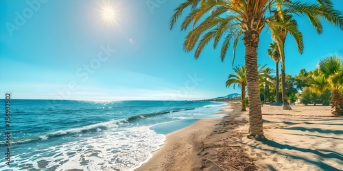 A serene moment on a sunlit Mediterranean coast with vibrant palm trees. Concept Travel Photography  Serene Landscapes  Sunlit Scenes  Mediterranean Coast  Vibrant Palm Trees