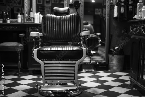 Barbershop theme with vintage barber chair in modern hair salon for men in black and white decor