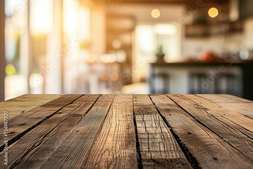 Wooden table with view of kitchen