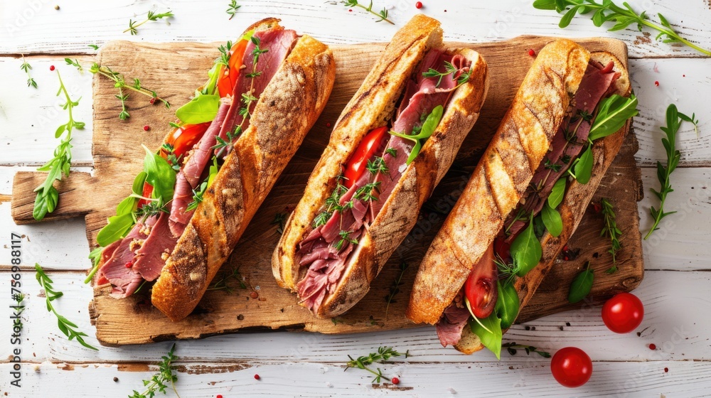 Three sandwiches with meat and tomatoes on wooden board