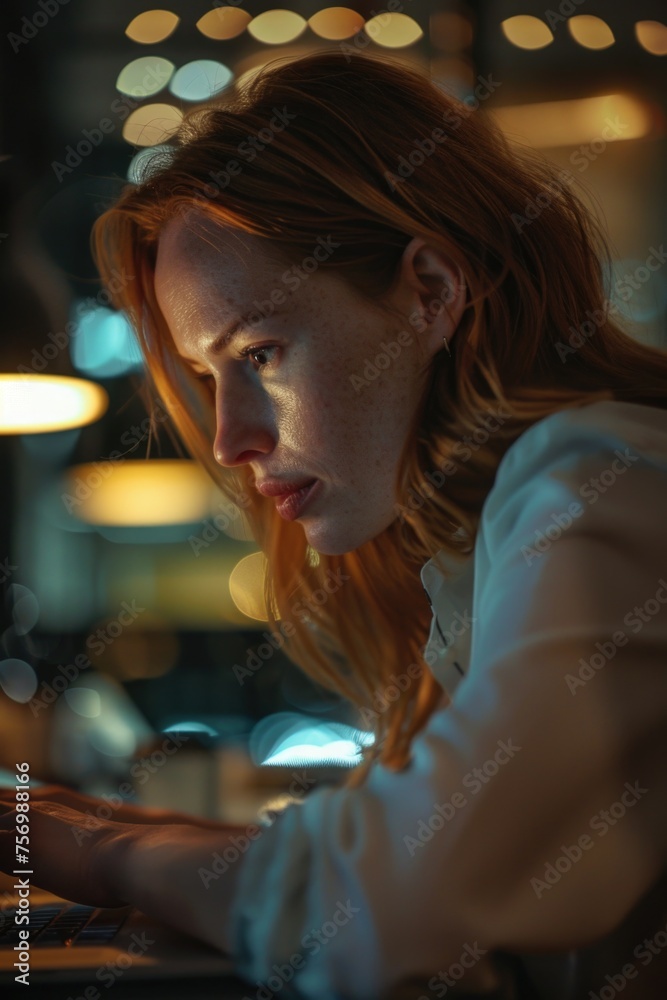 Woman with red hair is looking at computer screen
