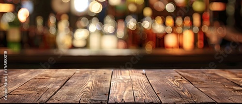 Blank wooden bar counter with blurred background and bottles in a restaurant bar or cafeteria for showcasing products
