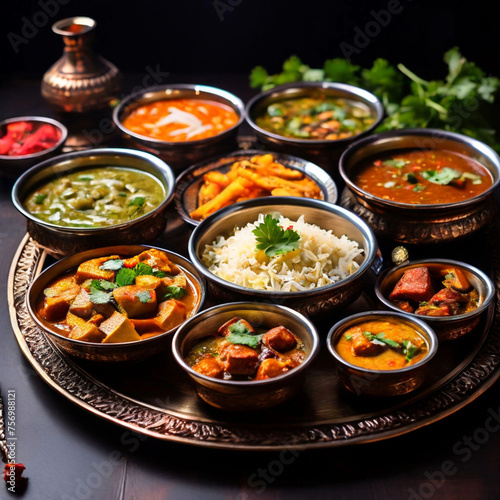 Indian food thali with paneer, rice, palak, dal