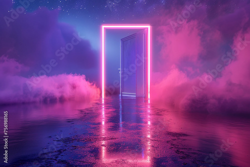 Neon lit path leading to a minimalist door floating in space.