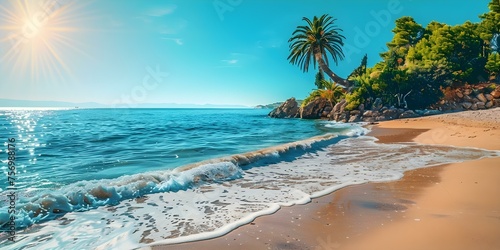 A picturesque view of the sun-drenched Mediterranean shore with vibrant palm trees. Concept Travel Photography, Mediterranean Coast, Palm Trees, Sunny Landscapes, Scenic views