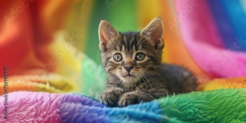 Kitten is laying on colorful blanket © vefimov
