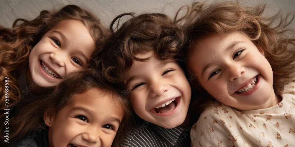 Four children are smiling and hugging each other Four children are smiling and hugging each other