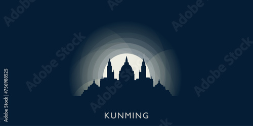 Kunming cityscape skyline city panorama vector flat modern banner illustration. China, Yunnan megapolis emblem idea with landmarks and building silhouettes at sunrise sunset night	