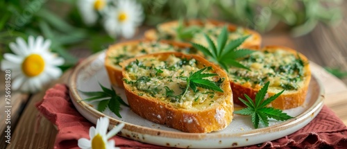 Cannabis garlic butter bread with red and white napkin on wooden table Appetizer health herb concept