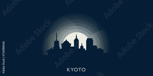 Kyoto cityscape skyline city panorama vector flat modern banner illustration. Japan megapolis emblem idea with landmarks and building silhouettes at sunrise sunset night	
