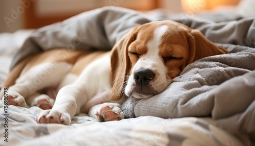 Charming Beagle pup dozing in bed Lovely pet © The Big L