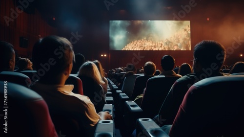 Movie theater full of people watching movie