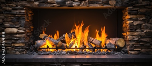 The hearth is ablaze with fiery flames  fueled by a combination of wood and gas  providing warmth and ambiance in the room