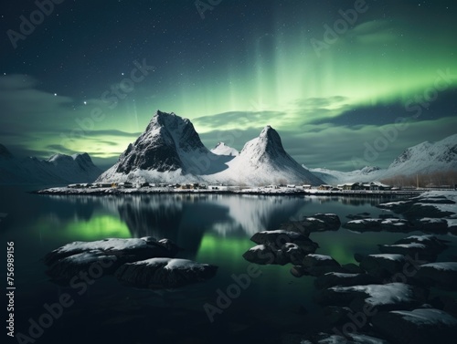Beautiful night sky with green aurora and mountains in background