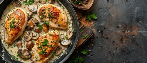 Chicken breast with mushrooms in cream sauce on a table top view