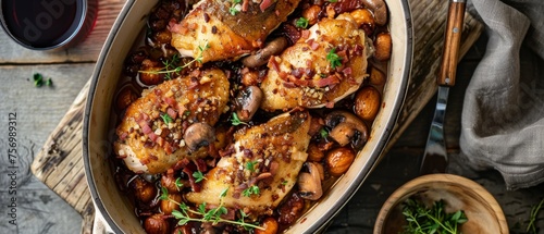 Chicken cooked in red wine with bacon mushrooms and chestnuts