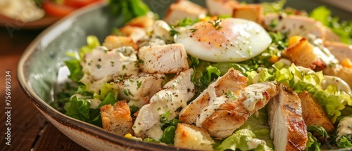 Chicken salad with poached egg grilled chicken lettuce croutons Caesar dressing
