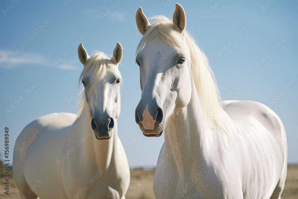 Obraz premium Two white horses standing in field with clear blue sky in background