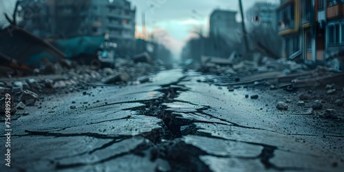Destruction in the city: Cracked road symbolizes earthquake aftermath, with blurred background. Concept Disaster Photography, Urban Decay, Natural Calamity, Blurred Background, Cracked Road
