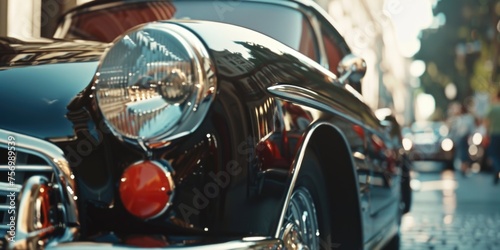 Black car with chrome trim is parked on city street