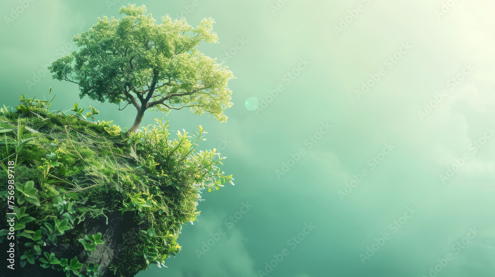 A green cliff with a tree growing on it. Unspoiled green nature concept. - obrazy, fototapety, plakaty 