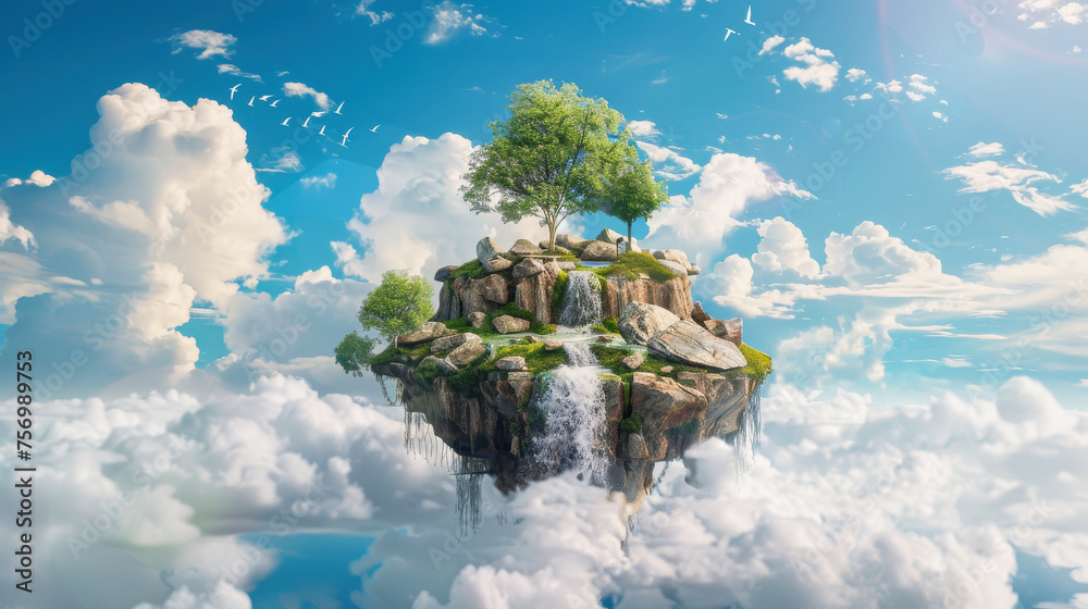 A whimsical island surrounded by white clouds, with stones, waterfall, trees and grass on it. Ecology and nature conservation concept. - obrazy, fototapety, plakaty 