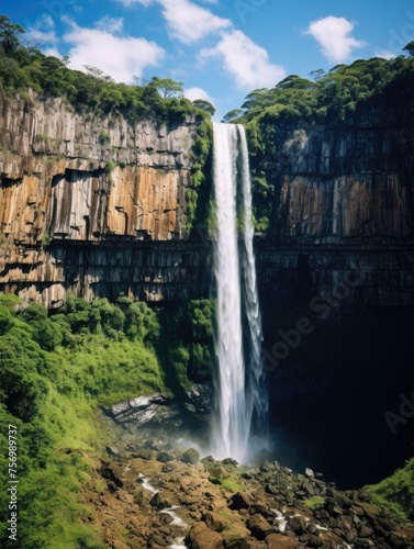 Waterfall is flowing down rocky cliff