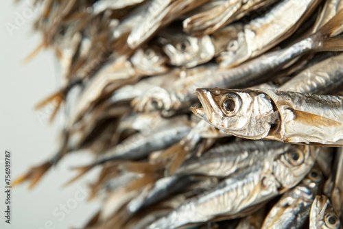 Close up of dried anchovies stacked on white floor in South Korea photo