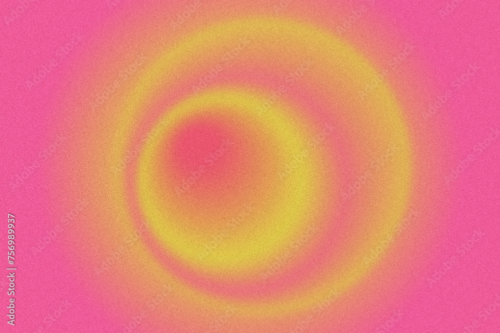 Grainy texture, rainbow blur background with blend circles or round gradation, color spectrum with dust texture backdrop. Neon pink, yellow vintage style wallpaper.