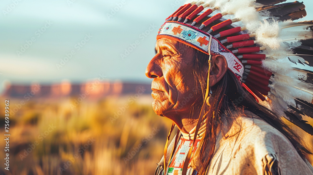 A member of an indian tribe in costume in morning light - obrazy, fototapety, plakaty 