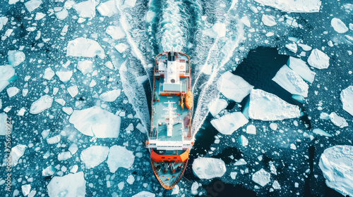 An ice breaker breaking ice, aerial view photo