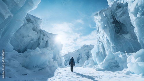 Ice climber ascend next to frozen waterfall with ice axes Nature Glacier Frozen background photo