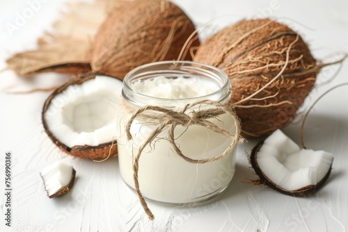 Coconut oil in glass jar for hair treatment on white background