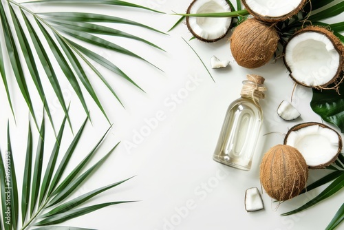 Coconut oil bottle with coconuts and palm leaf on white background Border design Healthy vegan