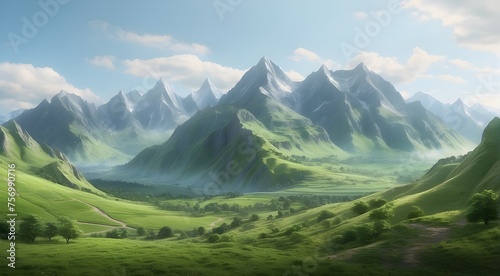 Unrealistic verdant terrain featuring hills and mountains